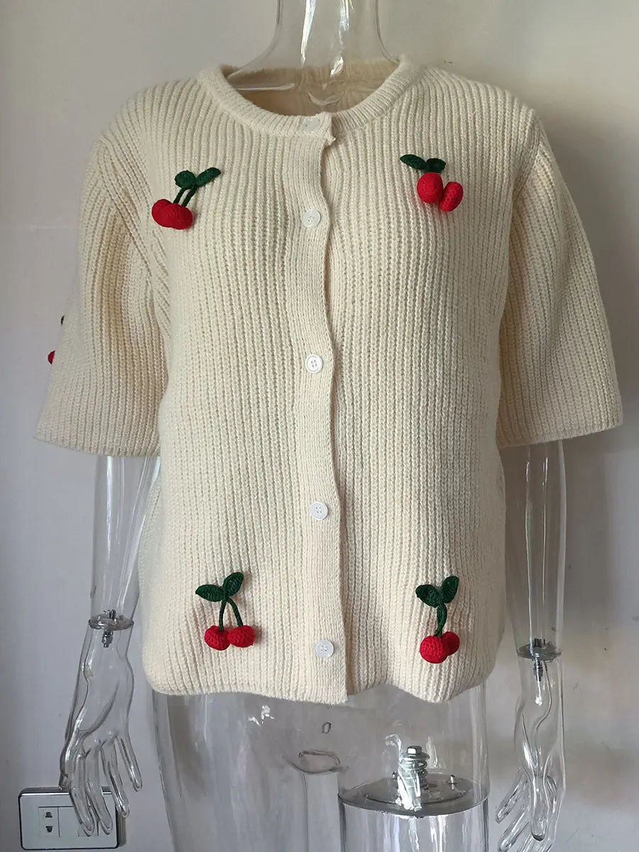 Three-dimensional Flower Round Neck Cardigan Knitted Short Sleeve hercurva