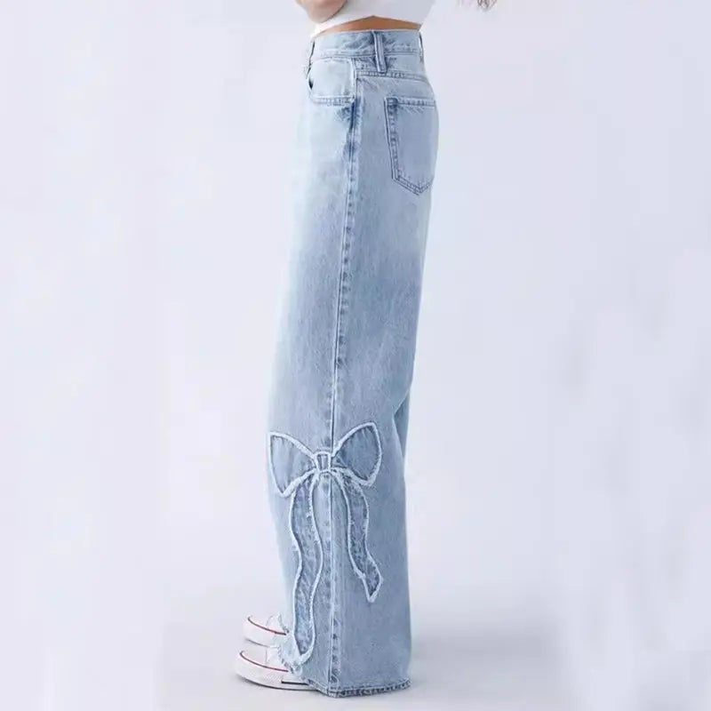 Women's Straight Trousers Embroidered Side Frayed Butterfly Jeans Street Design Hot Girl Baggy Pants hercurva