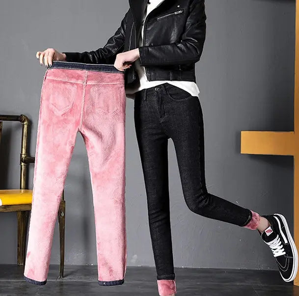 Women Thermal Jeans Winter Snow Warm Plush Stretch Jeans Lady Skinny Thicken Fleece Denim Long Pants Retro Blue Pencil Trousers hercurva