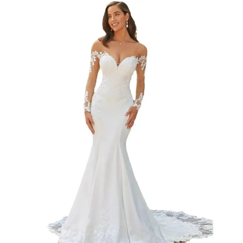 Long Sleeve Backless Lace Fishtail Wedding Dress hercurva