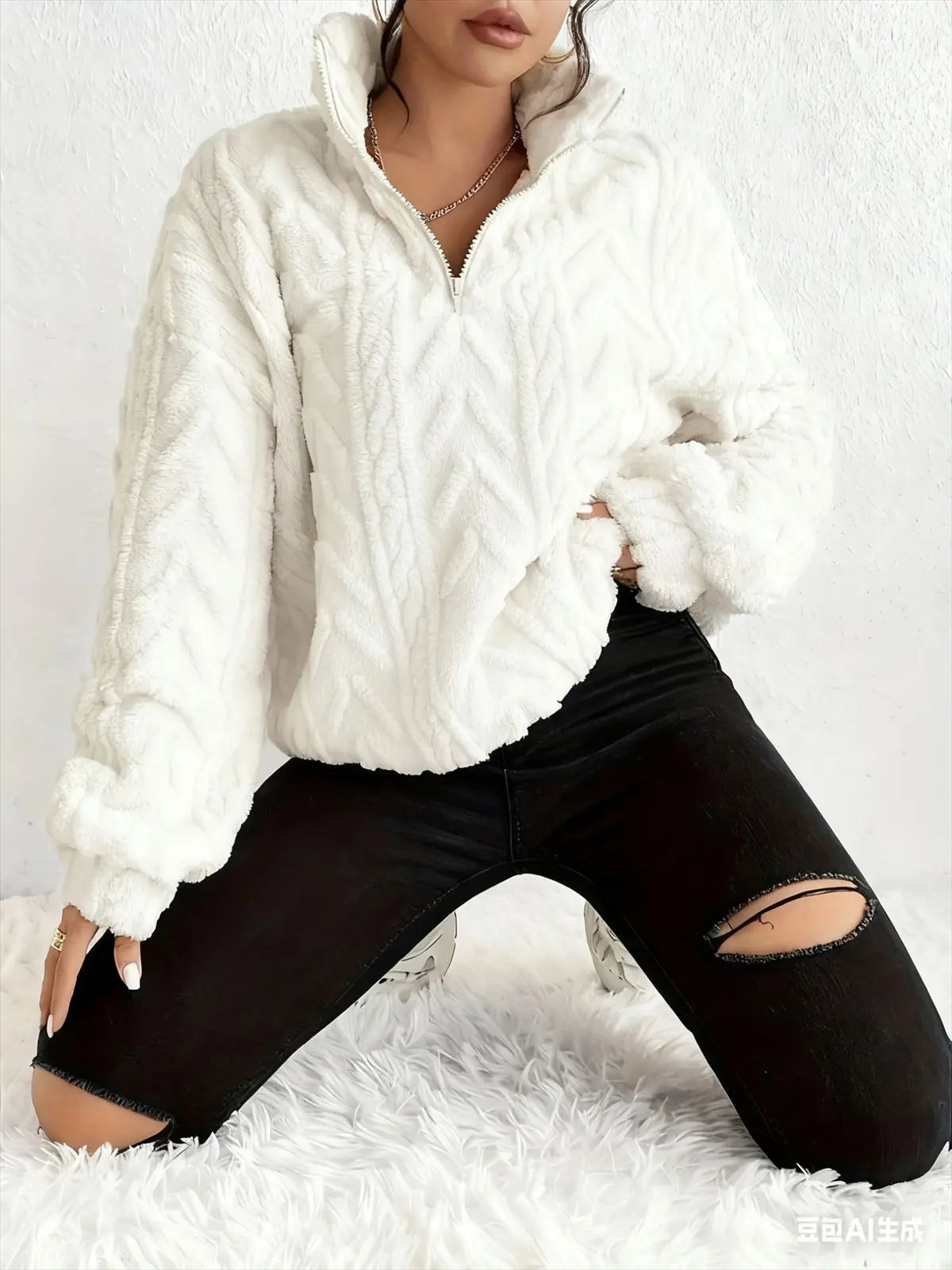 Double-sided Plush Latte Art Casual Zipper Pullover Top hercurva