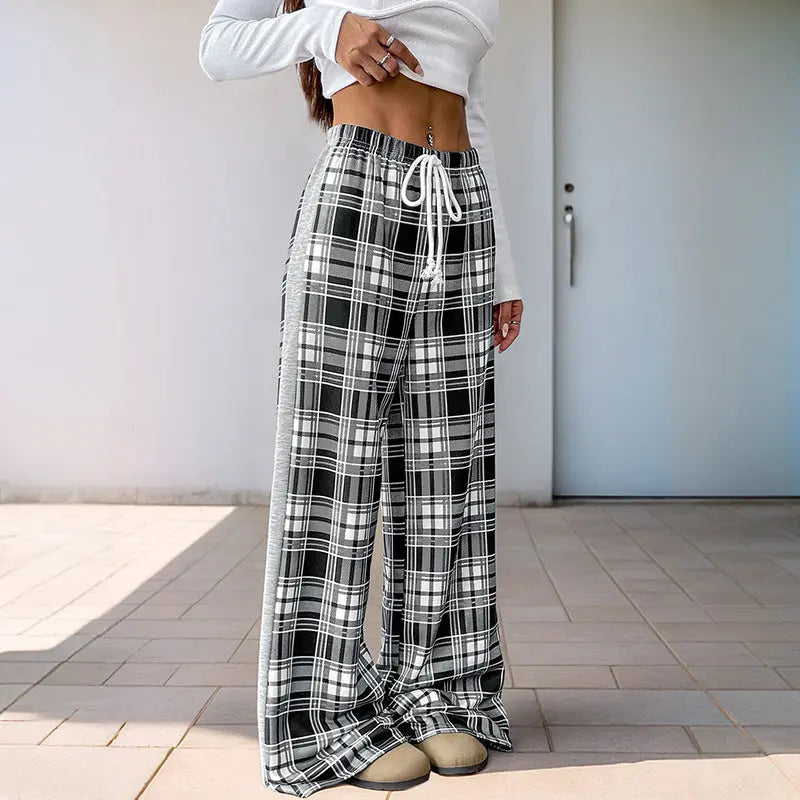 Casual Plaid Stitching Wide-leg Pants For Women hercurva