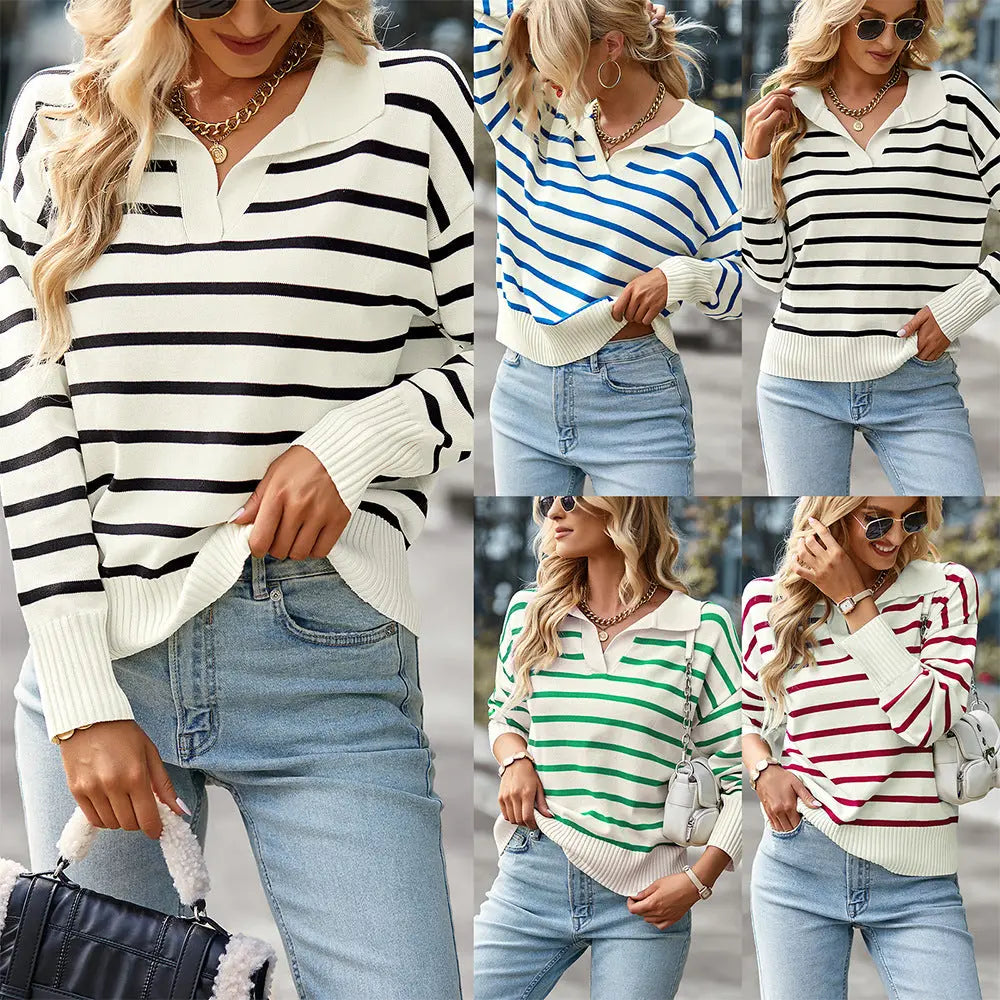Women Striped Long Sleeve Pullover Sweater Casual Loose Polo V Neck Color Block Lightweight Knitted Fall Shirts Tops hercurva