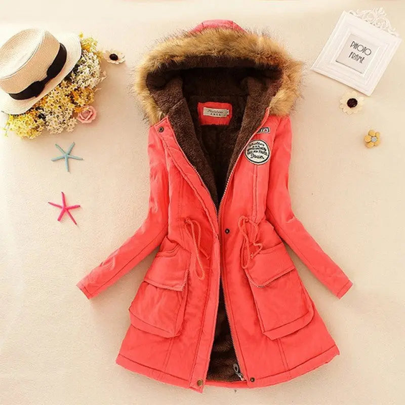 Long Women's Cotton-Padded Jacket With Wool Collar hercurva