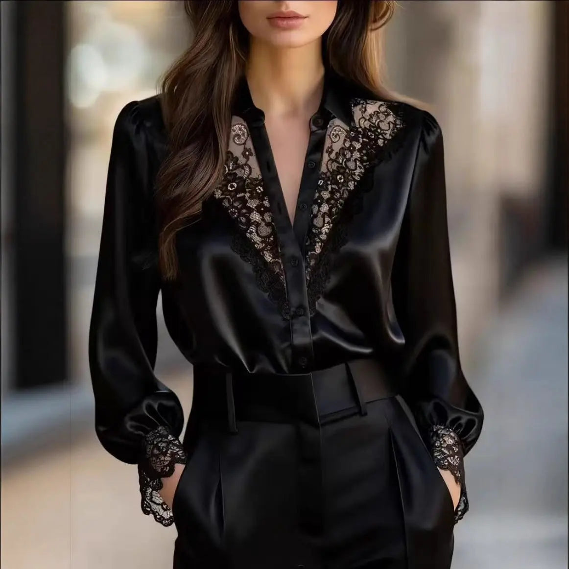 Women's Solid-Color Niche Lace V-Neck Puff-Sleeve Shirt hercurva