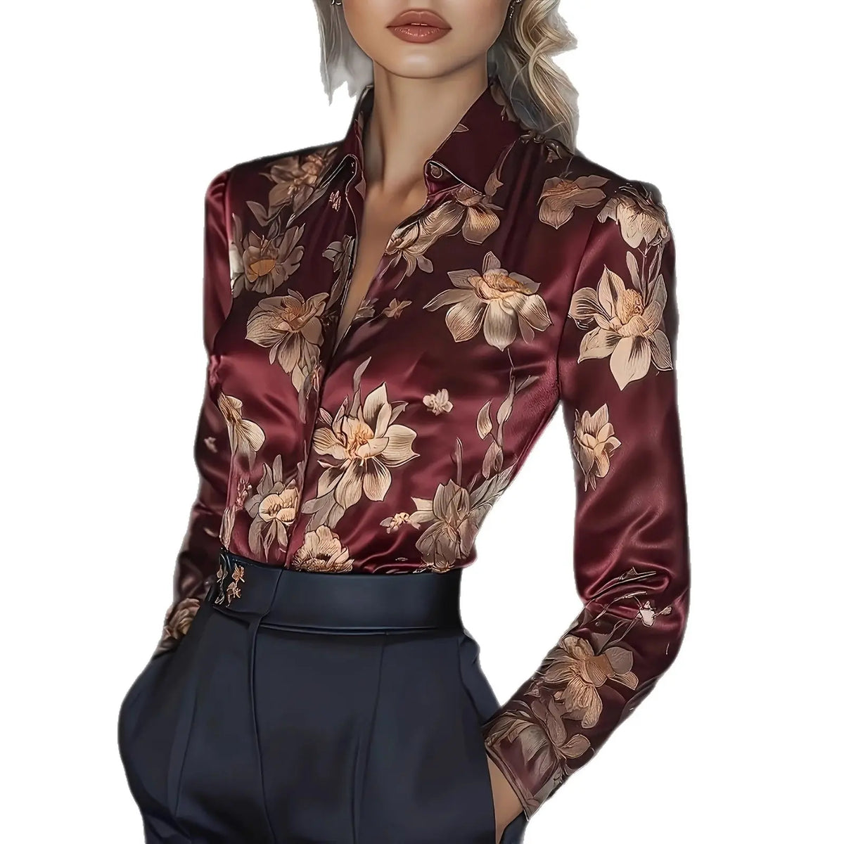 Womens Retro Printed Satin Long-Sleeve Shirt hercurva