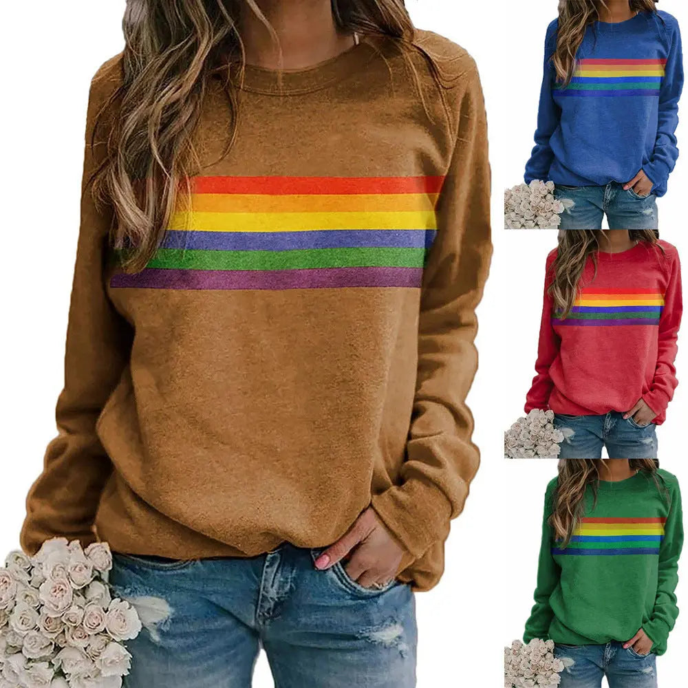 Color Striped Print Round Neck Pullover Long Sleeve Sweater hercurva