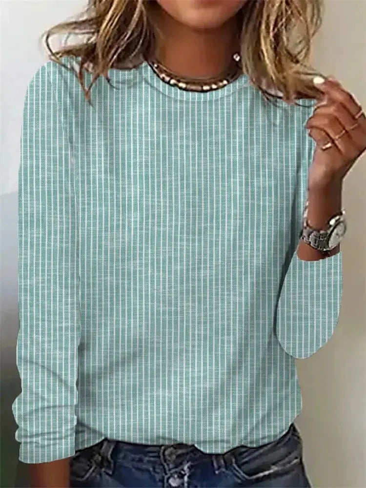 Loose Solid Color Striped Round Neck T-shirt For Women hercurva