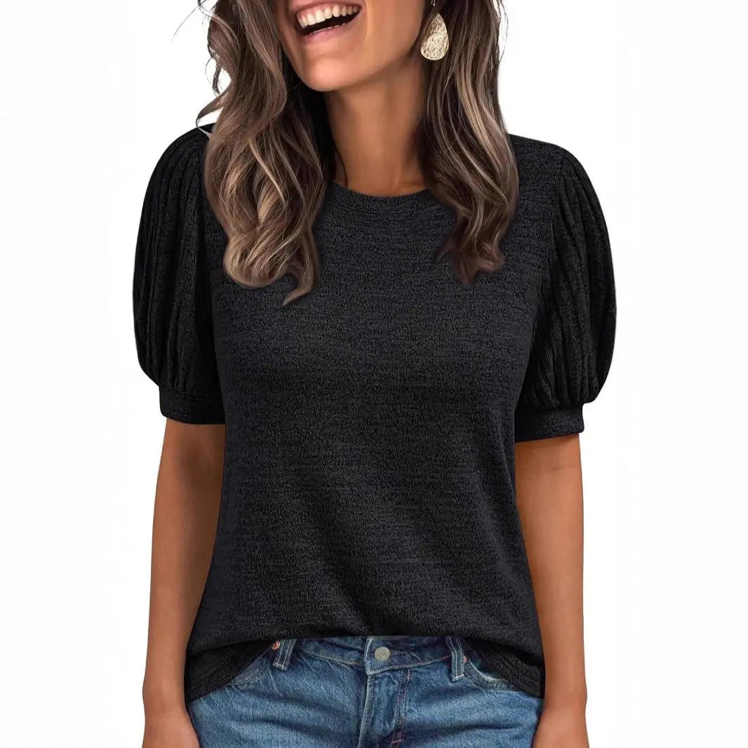 Spring Summer Crew-Neck Solid-Color Elastic-Cuff Short-Sleeve Top hercurva