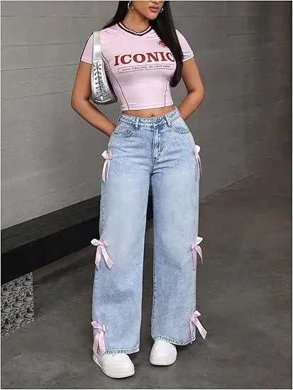 Bowknot Collage Washed Jeans Loose Straight-leg Wide-leg Pants hercurva