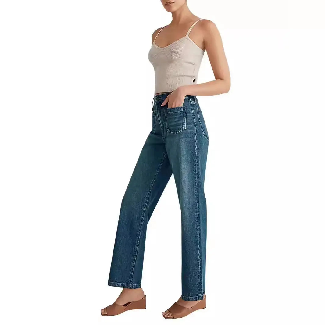 Washed Women's Jeans Wide Leg Trousers Square Pocket hercurva