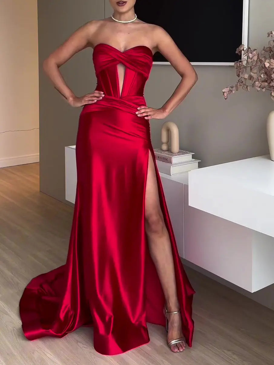 Tube Top Slit Red Extra Long Evening Dress hercurva