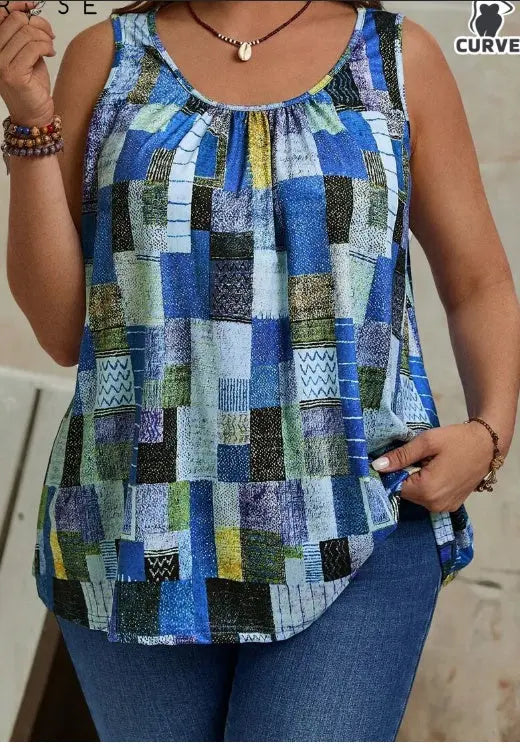 Plus Size Women's Summer Geometric Printed Round Neck Pleated Casual Tank Top hercurva