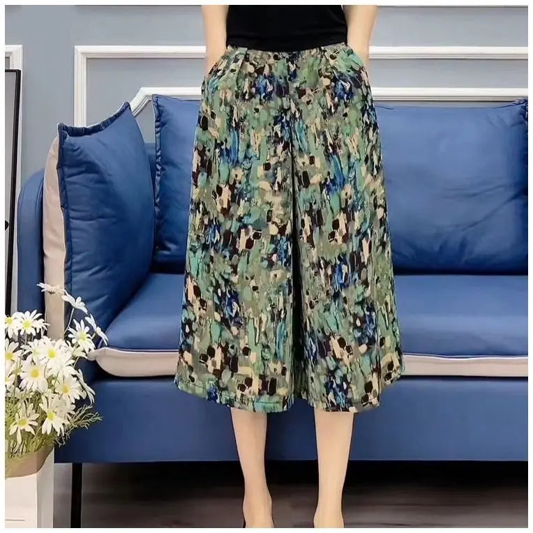 Slim And Casual High Waisted Printed Wide Leg Capris hercurva