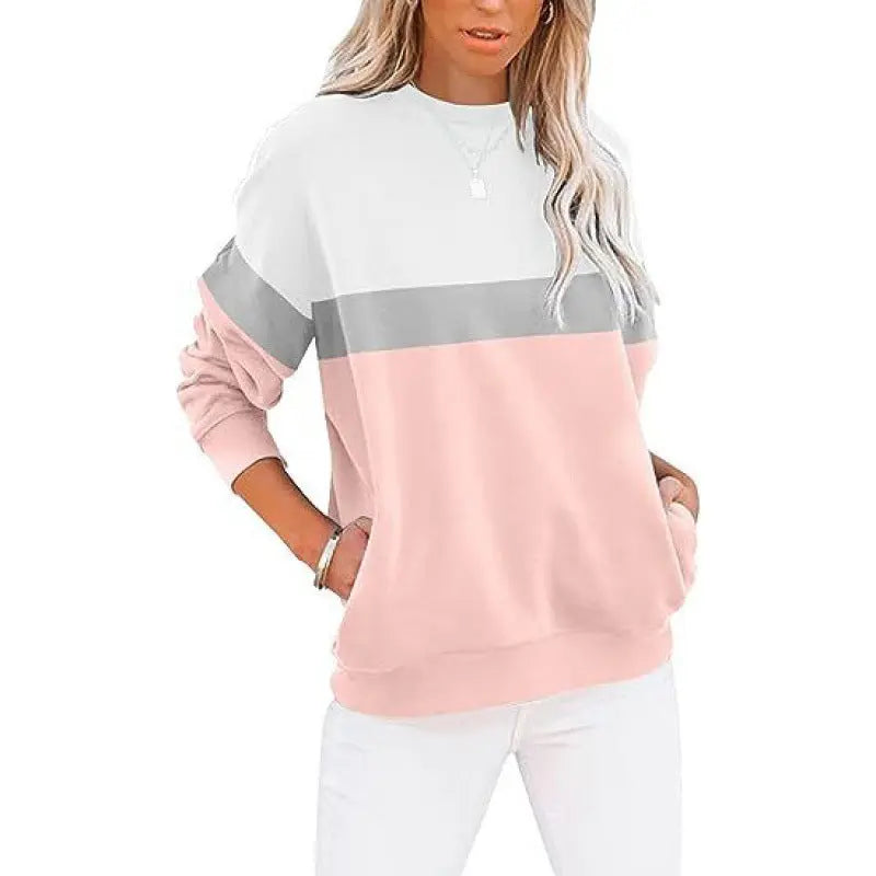 Women's Long Sleeve Color Matching Sports Sweater Round Neck Casual Pullover hercurva