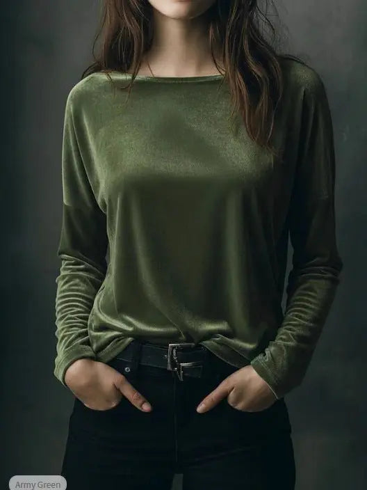 Female Solid Color Loose Fit Crew-neck Pullover Velvet T-shirt hercurva