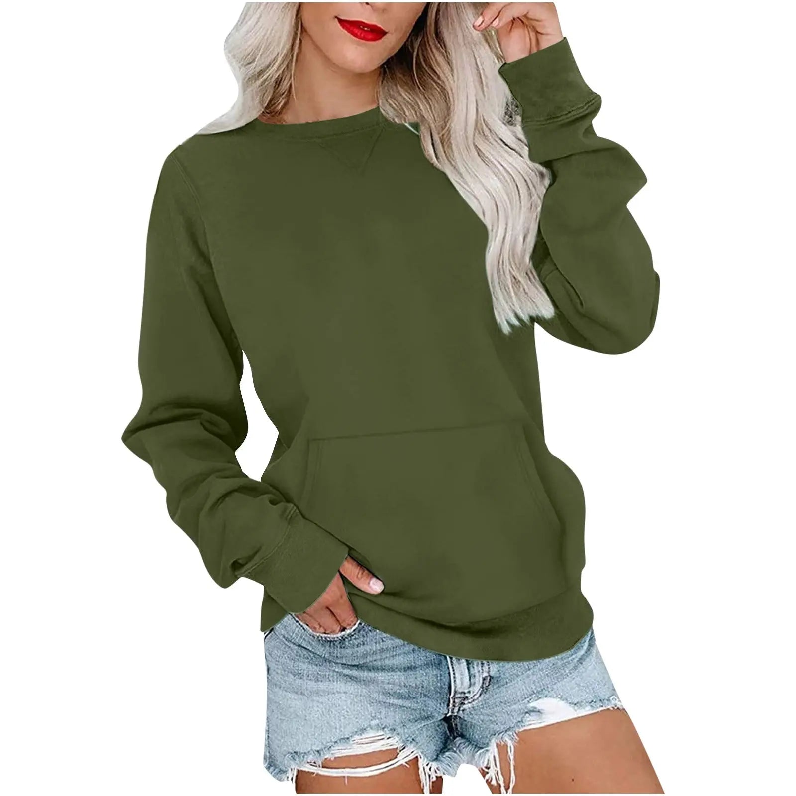 Solid Color Pullover Sweatshirt With Pocket Fashion Loose Round Neck Long Sleeves Top Womens Clothing hercurva