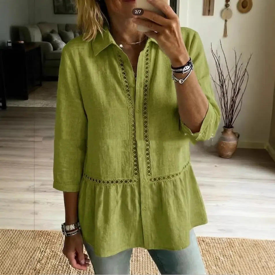 Patchwork Floral Woven Ribbon Cotton-Linen Shirt hercurva