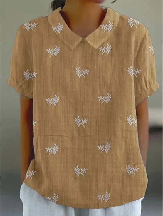 Women's Floral Stitching National Style Printing Lapel Short Sleeve hercurva