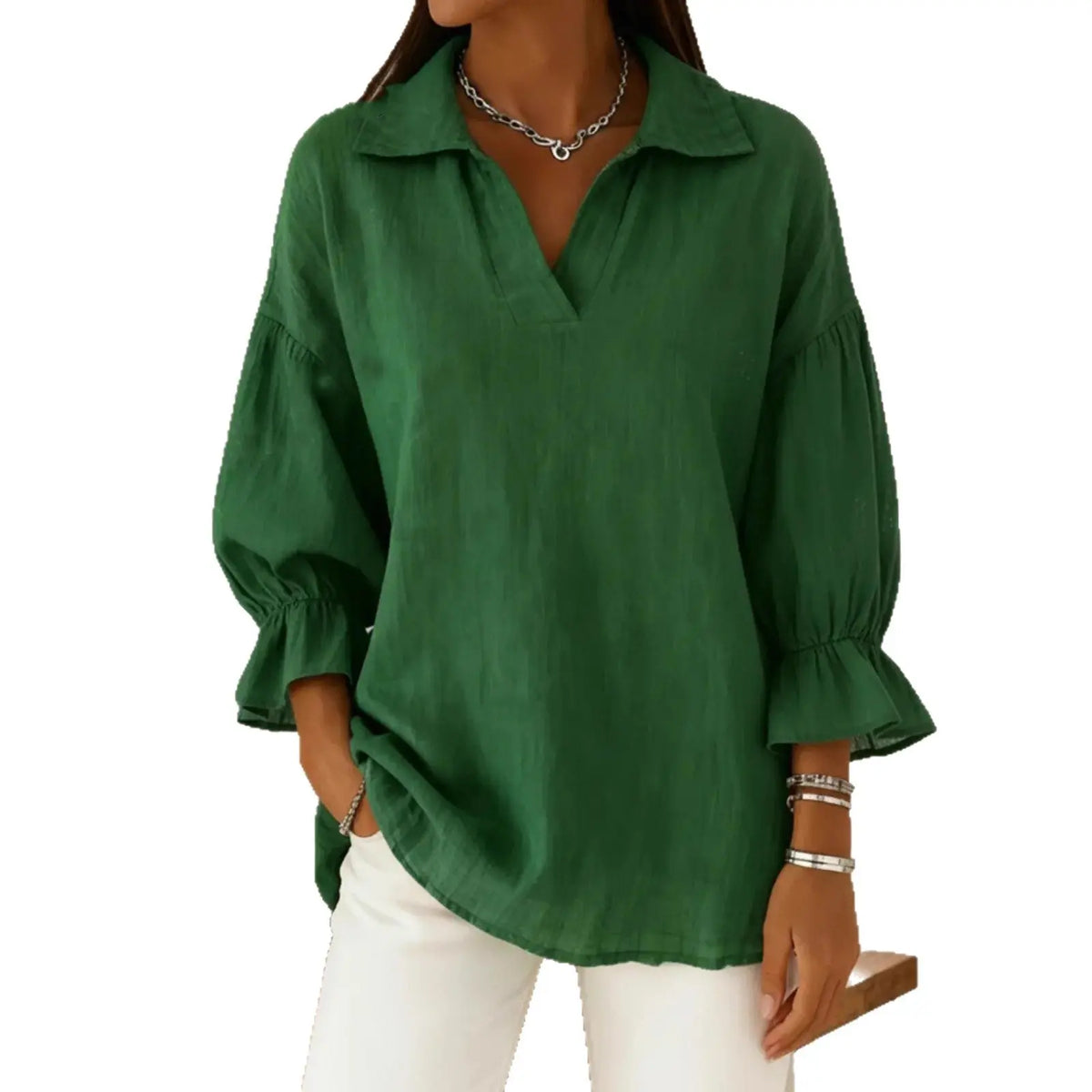 Casual Relaxed-fit Fashionable Long-sleeve Top With A Turn-down Collar hercurva