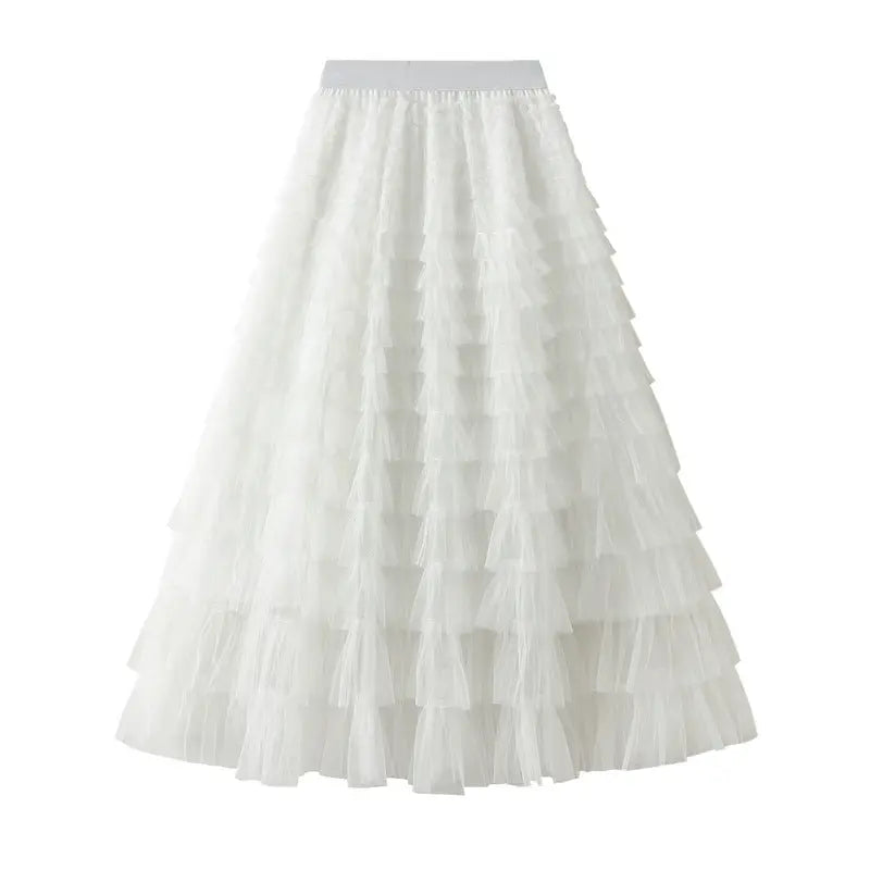 A-Line Mesh Ruffle Skirt Women's Temperament Sweet Long Skirt Slim Cupcake Dress Womens Clothing hercurva