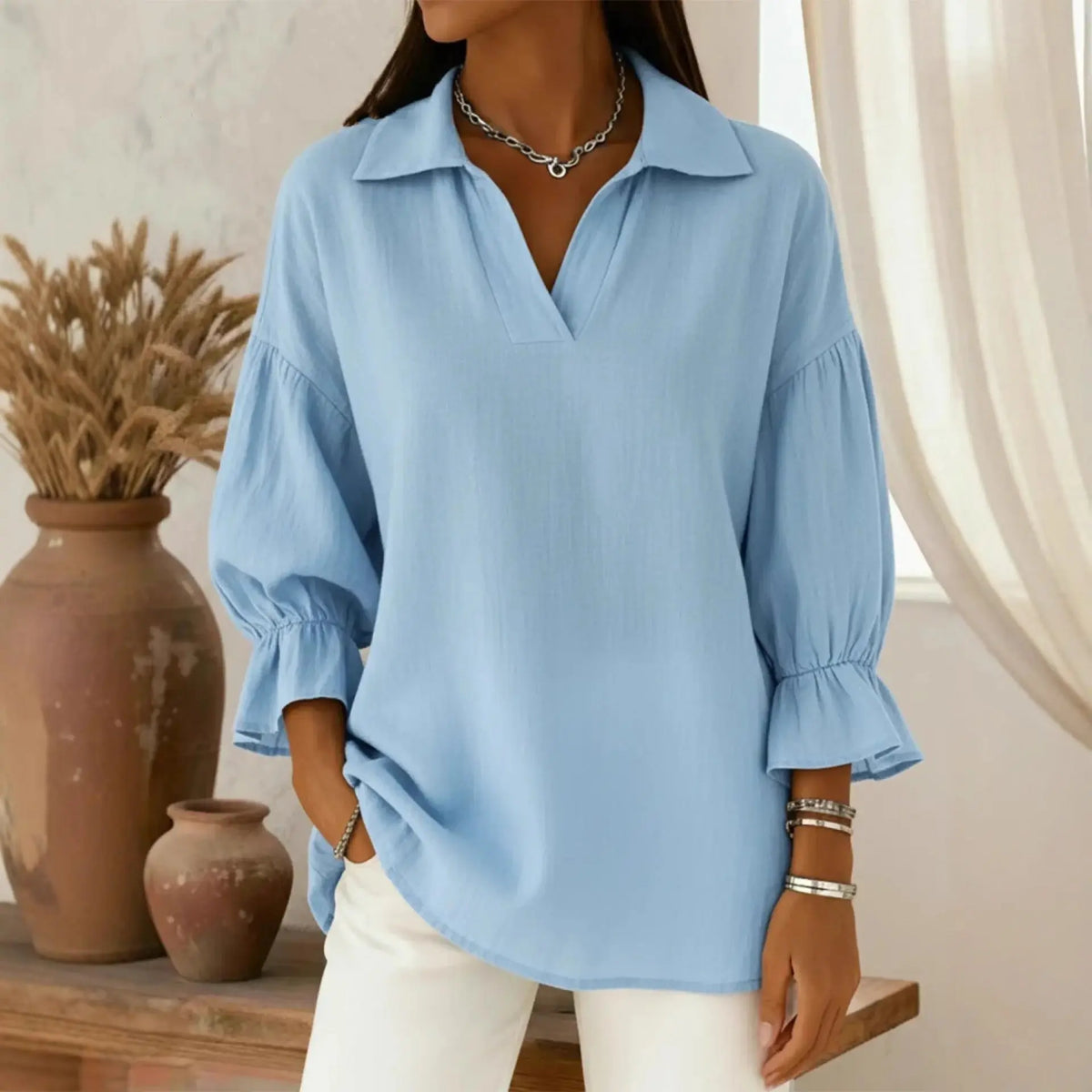 Casual Relaxed-fit Fashionable Long-sleeve Top With A Turn-down Collar hercurva