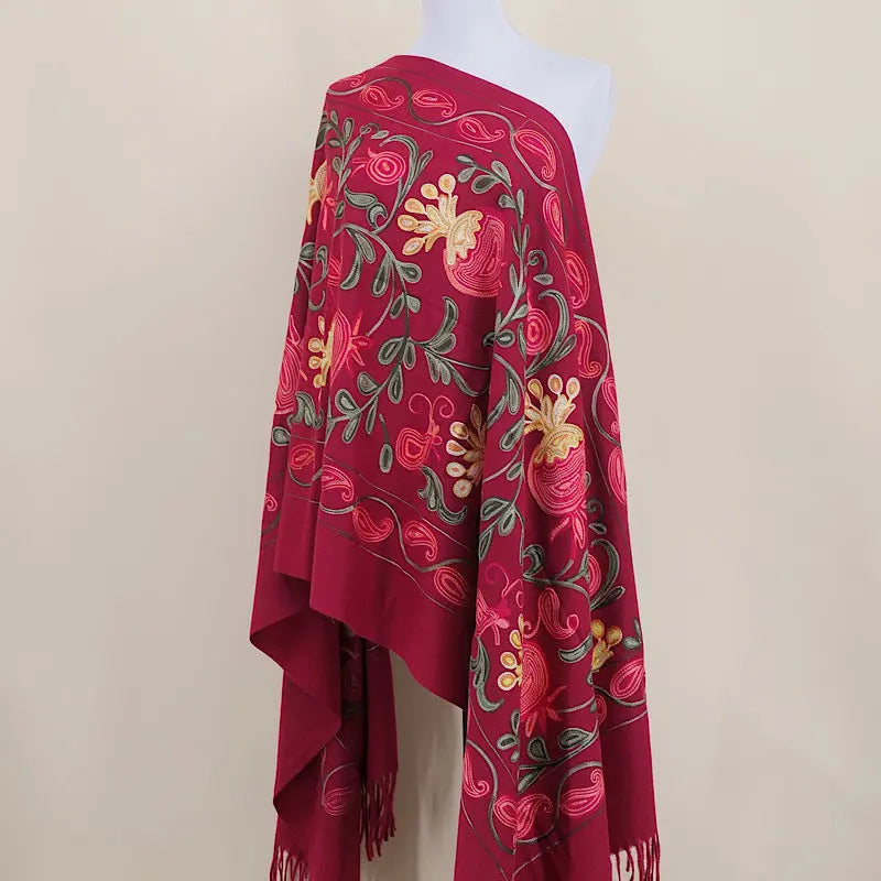 Contrast Color Pomegranate Leaf Embroidered Double-sided Shawl hercurva