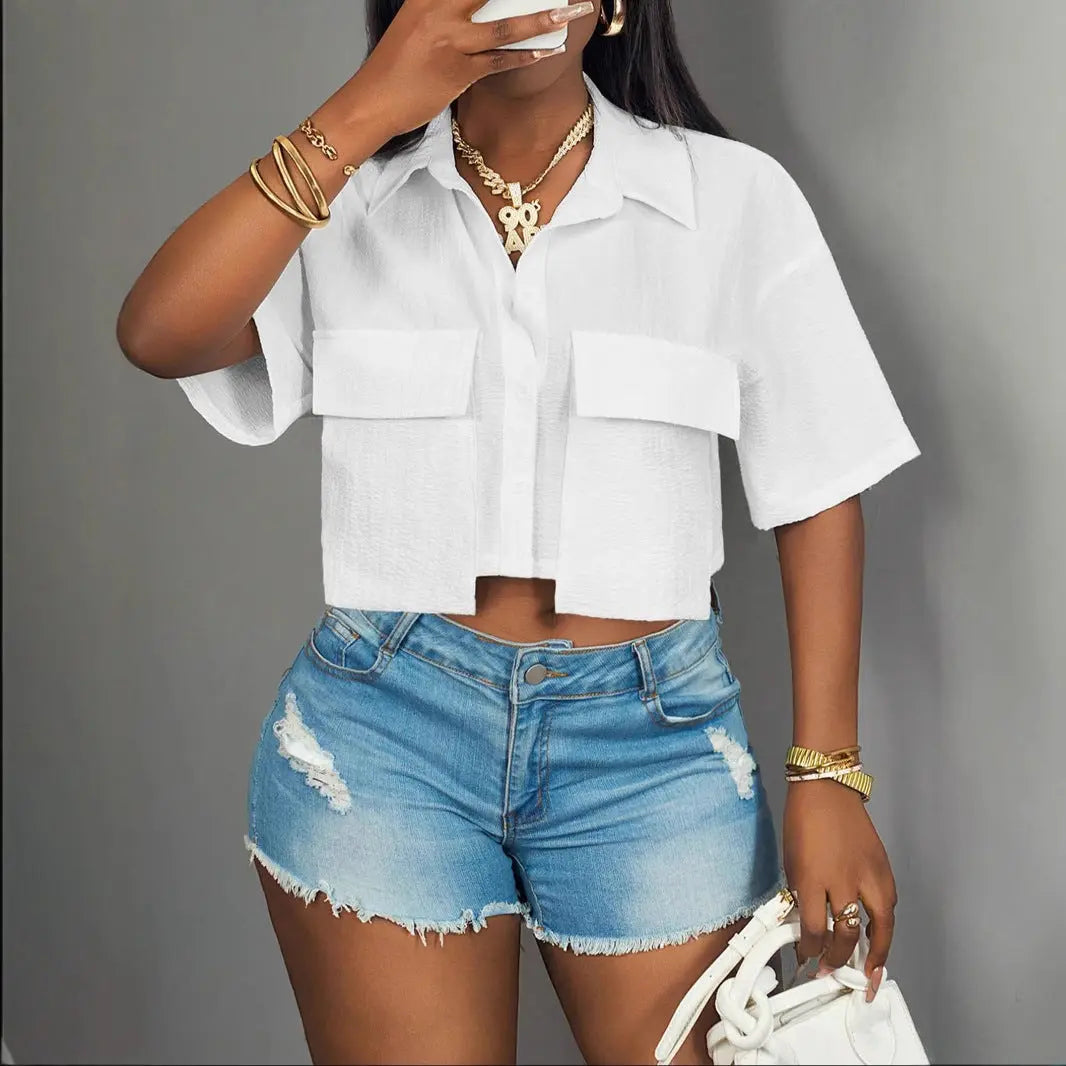 Women's Casual Fashion Pocket Short-sleeved Solid Color T-shirt hercurva