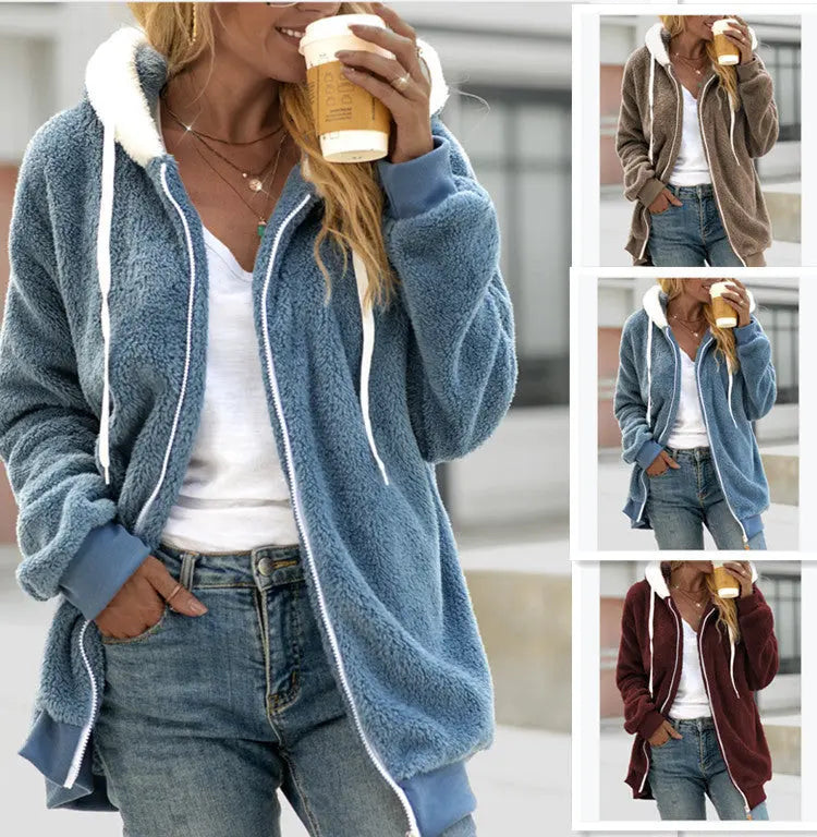 Women's Loose Plush Zipper Hooded Jacket hercurva
