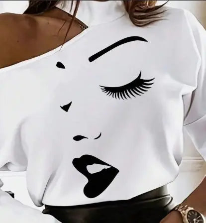 Women's White Long Sleeve T-Shirt With Cartoon Line Pattern & Open Shoulder Design Graphic Tees Women Tops For Spring Outfit hercurva