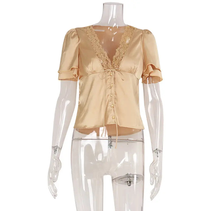 Fashion V-neck Lace Stitching Lace Up Slimming Short Sleeve hercurva