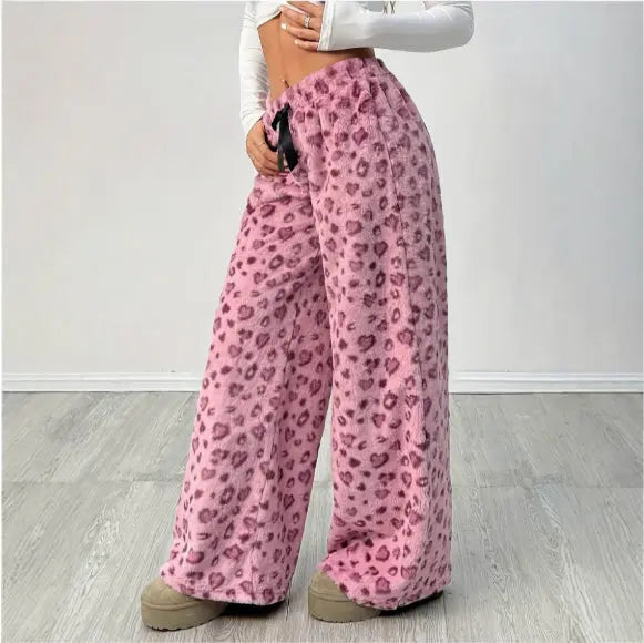New Casual Leopard Print Lace-up Wide-leg Pants hercurva