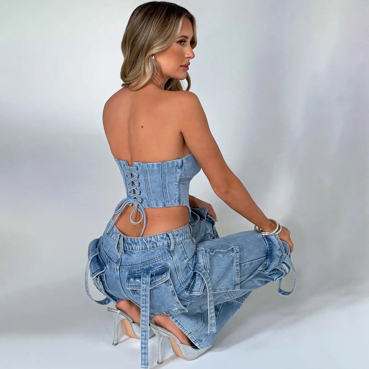 Women's Suit Low Waist Three-dimensional Tube Top And Pocket Stitching Jeans Pants hercurva