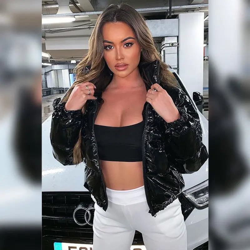 Sisterlinda Faux PU Leather Y2K Bubble Puffer Winter Warm Jacket Women Coats Long Sleeve Outerwear Zipper Casual Slim Parkas hercurva