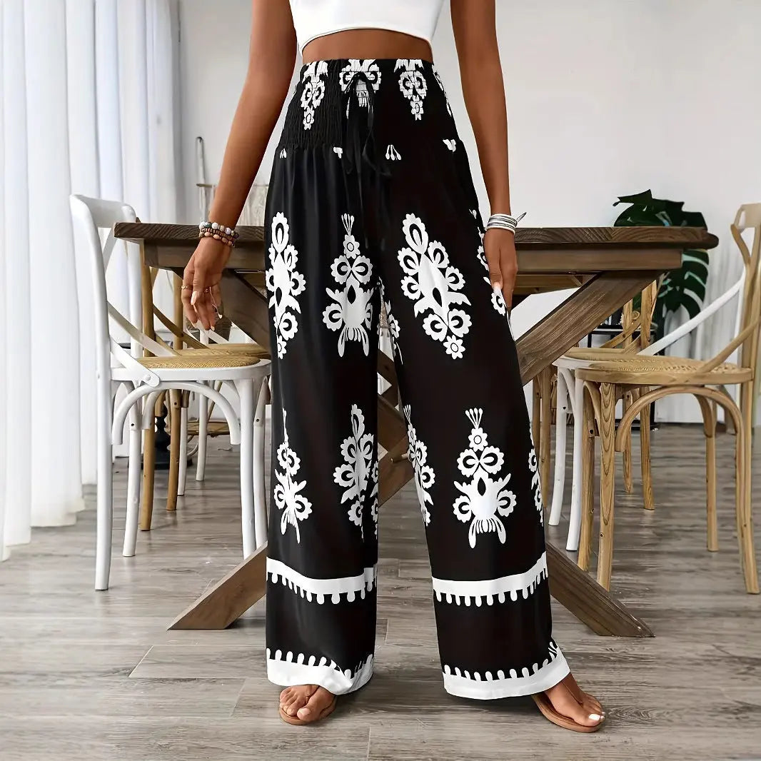 Women's 3D Pattern Lace-up Casual High Waist Print Wide-leg Pants hercurva