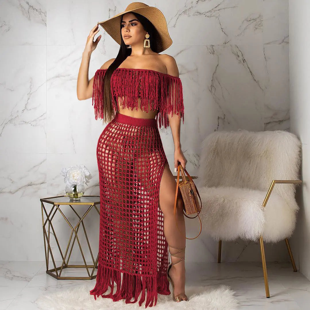 Hollow-out Handmade Tassel Off-shoulder Beach Skirt Suit hercurva