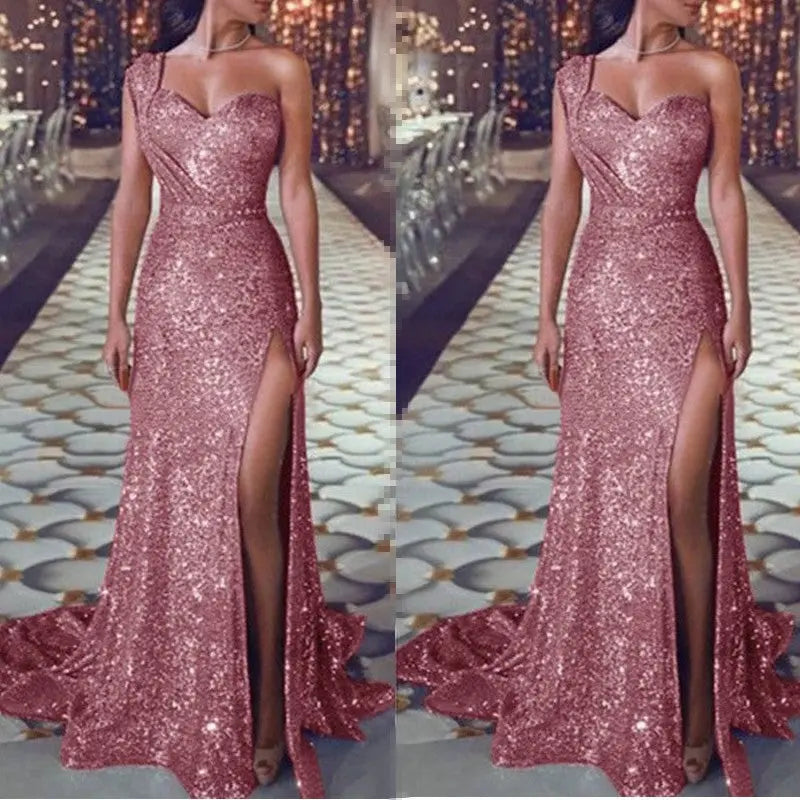 Women's Clothing One-shoulder Sleeveless Bronzing Split Dress hercurva