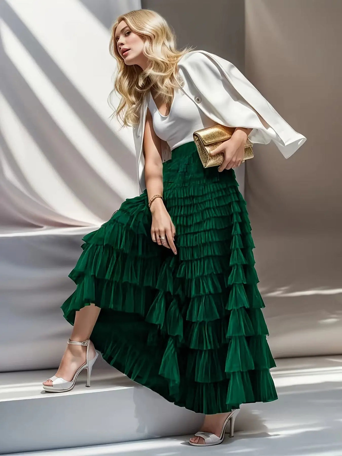 Layered Ruffles Cake Skirt Summer Fashion A Line Swing Mesh Long Skirt Party Dress Women hercurva