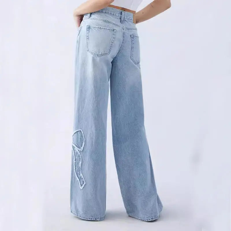 Women's Straight Trousers Embroidered Side Frayed Butterfly Jeans Street Design Hot Girl Baggy Pants hercurva