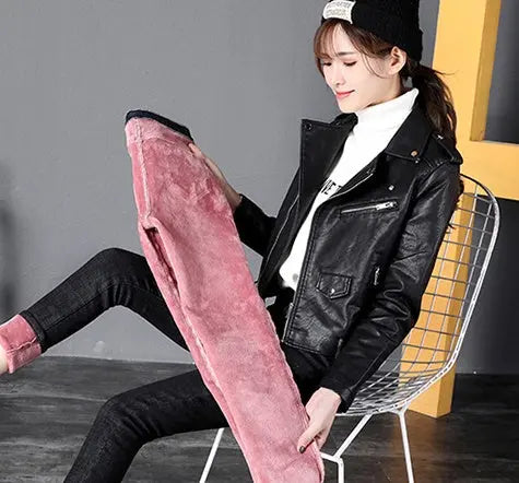 Women Thermal Jeans Winter Snow Warm Plush Stretch Jeans Lady Skinny Thicken Fleece Denim Long Pants Retro Blue Pencil Trousers hercurva
