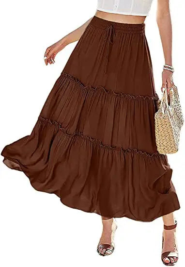 Women's Elastic High Waist A-Line Pleated Casual Maxi Dress hercurva