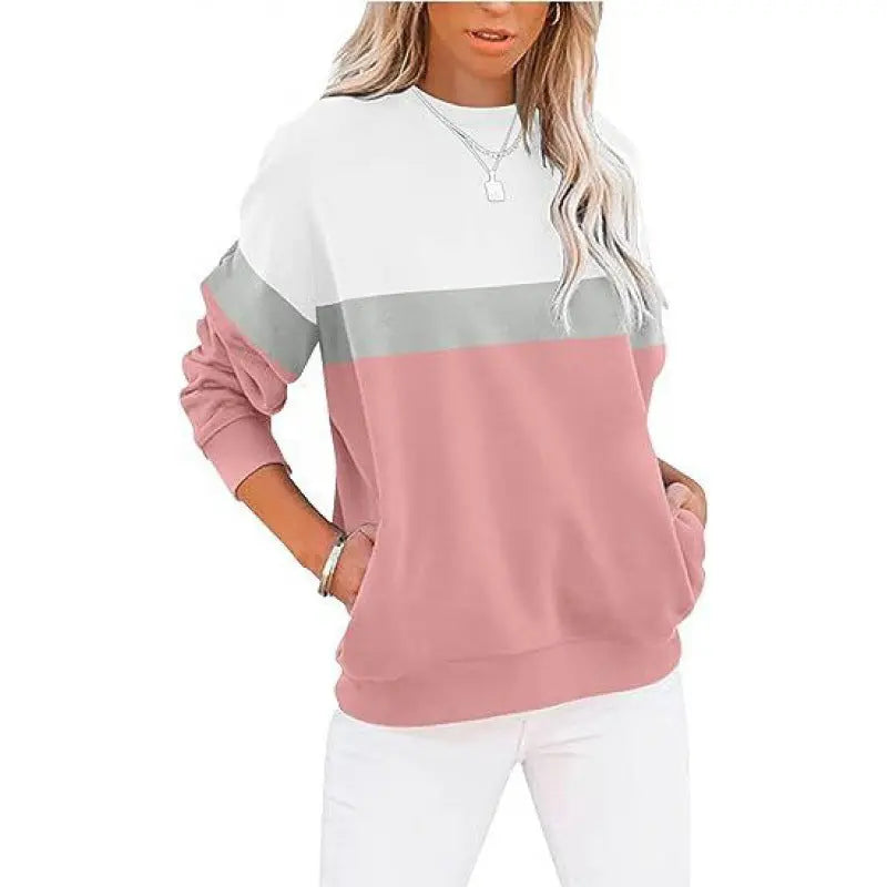 Women's Long Sleeve Color Matching Sports Sweater Round Neck Casual Pullover hercurva