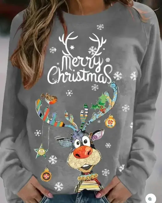 Christmas European And American Women Printed Crew Neck Sweatshirt hercurva