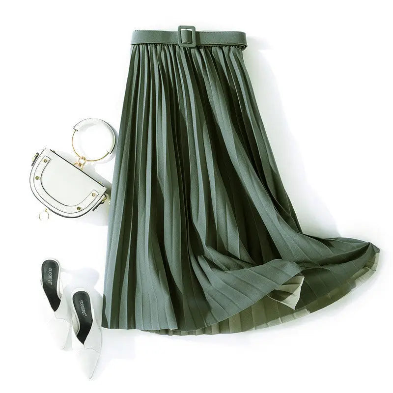 Solid Color Simple Organ Pleated Skirt Mid-length Skirt hercurva