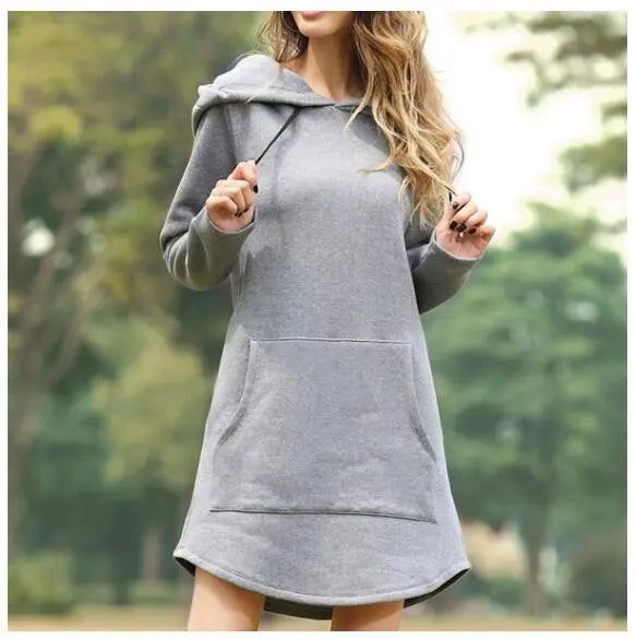 Solid color pocket long sleeve hoodie dress hercurva