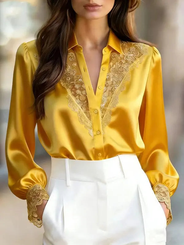 Women's Solid-Color Niche Lace V-Neck Puff-Sleeve Shirt hercurva