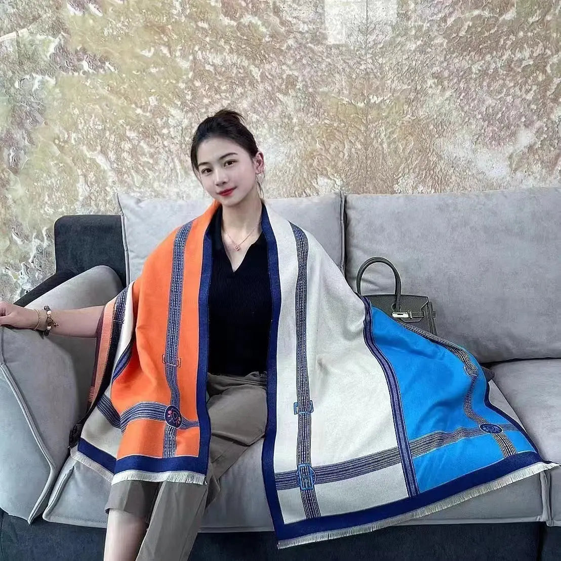 Korean Style Contrast Color Artificial Cashmere Scarf Women's New Winter hercurva