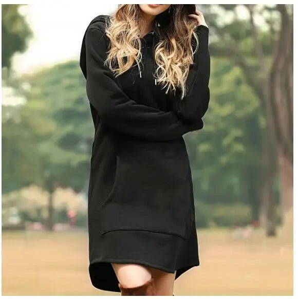 Solid color pocket long sleeve hoodie dress hercurva