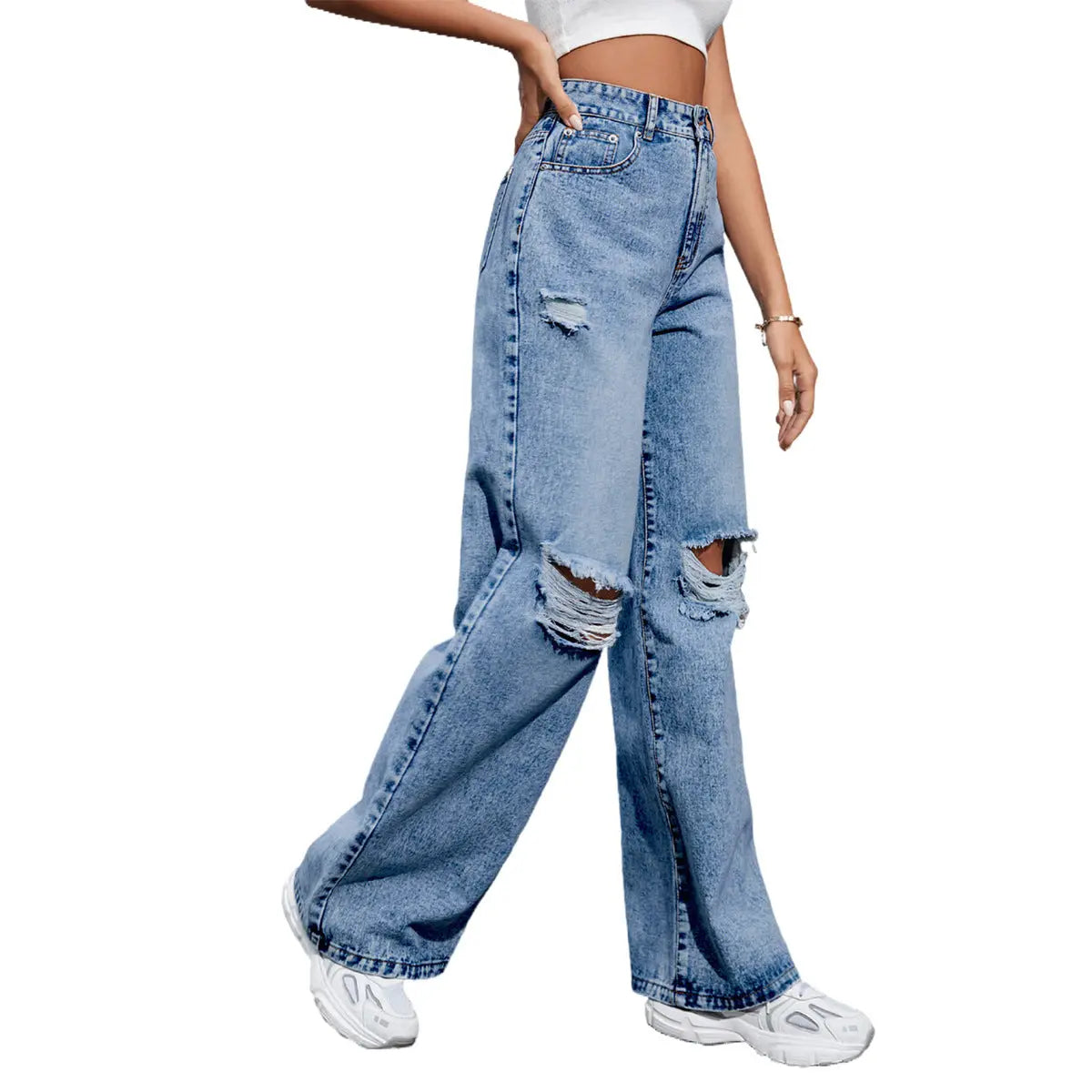 Women's Fashion Holes High Waist Casual Denim Trousers hercurva