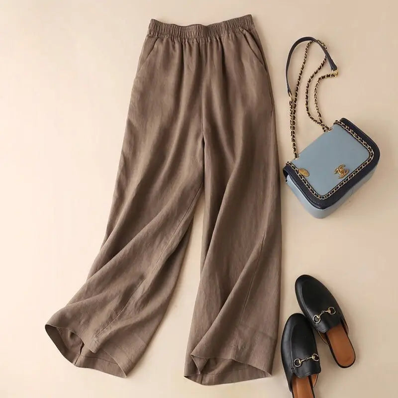Asian Cotton Wide Leg Pants Solid Color Women's Ninth Point hercurva